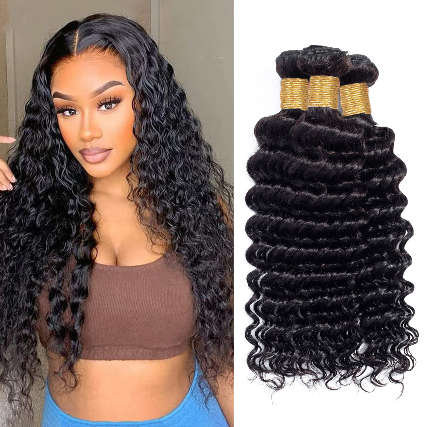 Riverwood 8A Deep Wave Brazilian Human Hair Bundle Natural Color
