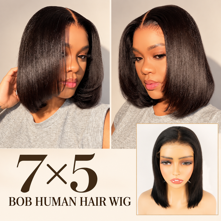 7x5 Lace Human Hair Yaki Wig 12 Inch Bob Wig Glueless Wear and Go Wig Natural Look Short Human Hair Wig for Women