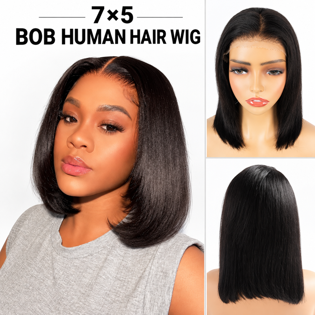 7x5 Lace Human Hair Yaki Wig 12 Inch Bob Wig Glueless Wear and Go Wig Natural Look Short Human Hair Wig for Women