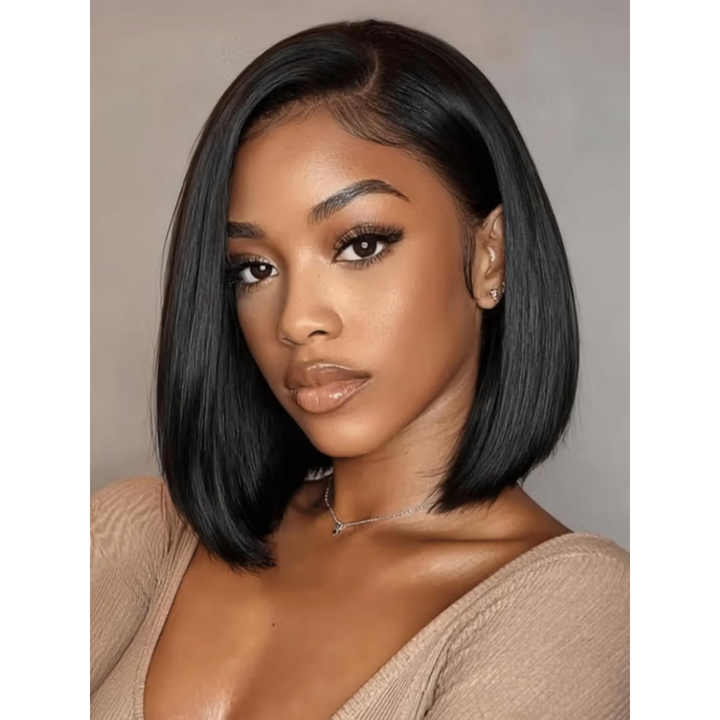 7x5 Lace Human Hair Yaki Wig 12 Inch Bob Wig Glueless Wear and Go Wig Natural Look Short Human Hair Wig for Women