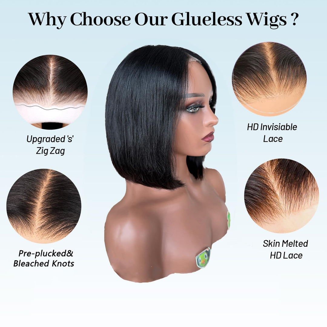 7x5 Lace Human Hair Yaki Wig 12 Inch Bob Wig Glueless Wear and Go Wig Natural Look Short Human Hair Wig for Women