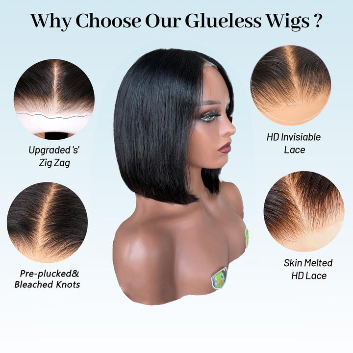 7x5 Lace Human Hair Yaki Wig 12 Inch Bob Wig Glueless Wear and Go Wig Natural Look Short Human Hair Wig for Women