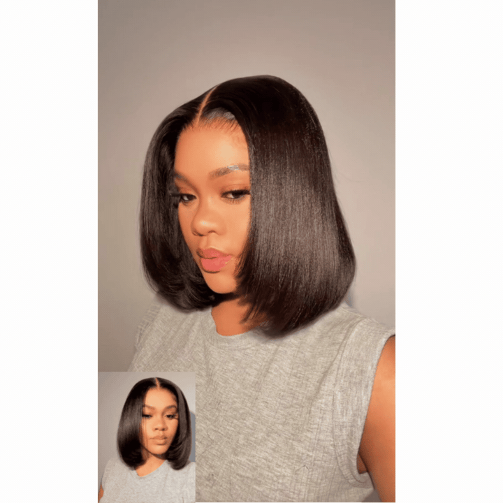 7x5 Lace Human Hair Yaki Wig 12 Inch Bob Wig Glueless Wear and Go Wig Natural Look Short Human Hair Wig for Women
