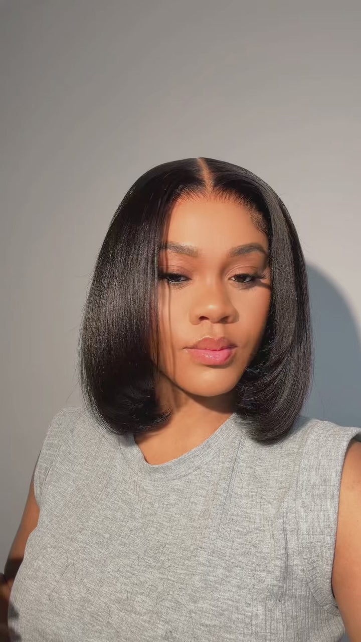 7x5 Lace Human Hair Yaki Wig 12 Inch Bob Wig Glueless Wear and Go Wig Natural Look Short Human Hair Wig for Women