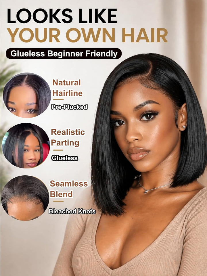 7x5 Lace Human Hair Yaki Wig 12 Inch Bob Wig Glueless Wear and Go Wig Natural Look Short Human Hair Wig for Women
