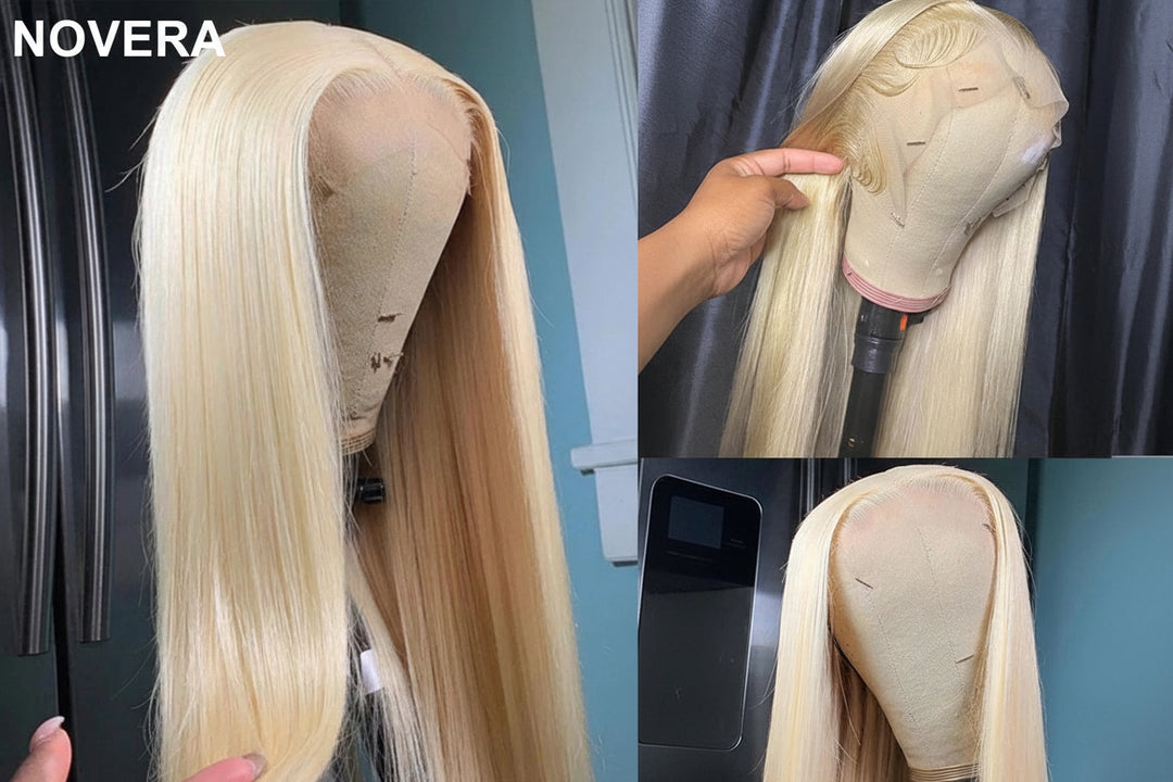 A collage of images showing a blonde lace front wig with straight hair. The first image displays the wig on a mannequin head, the second shows the wig being held by a hand, and the third image provides a close-up view of the lace front.