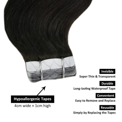 10A Deep Wave Tape Ins Human Hair Extension Natural Black