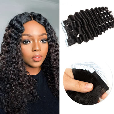 10A Deep Wave Tape Ins Human Hair Extension Natural Black