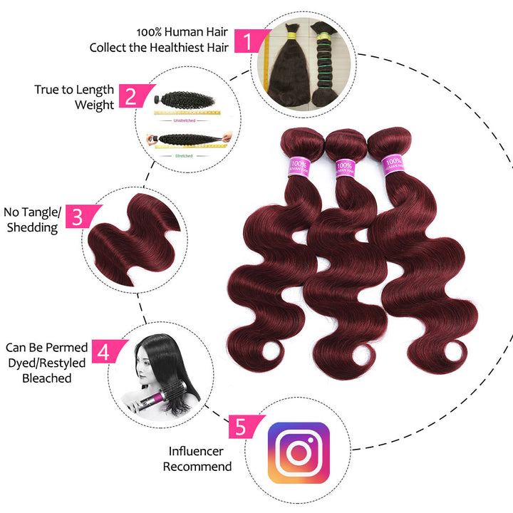 Brazilian Body Wave 99J Burgundy Human Hair Bundle(Value)